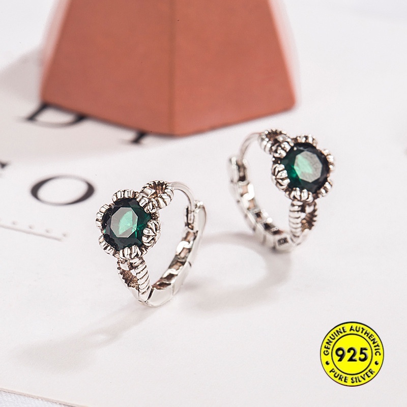 Anting Klip Retro Warna Silver Zaitun Hias Kristal Hijau Untuk Wanita