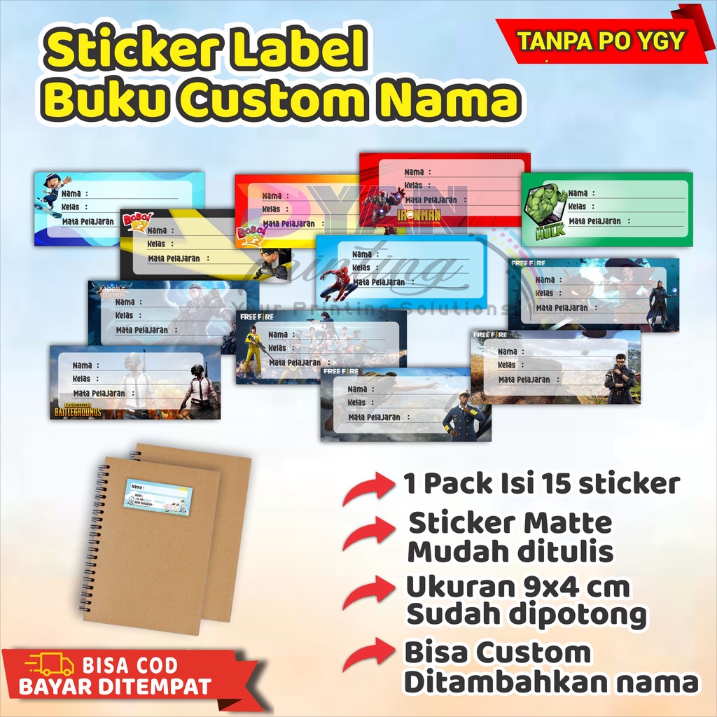 15 PCS STICKER LABEL BUKU ,BISA CUSTOM NAMA