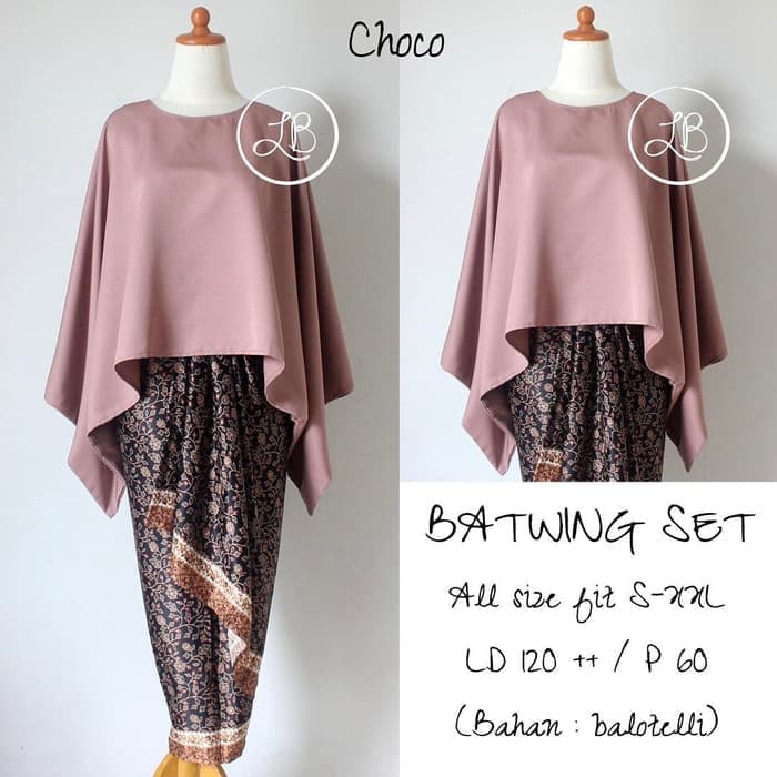 SETELAN KEBAYA WANITA MODEL BATWING / KALONG CHOCO / MILO  BAWAHAN ROK LILIT DAN ANEKA WARNA