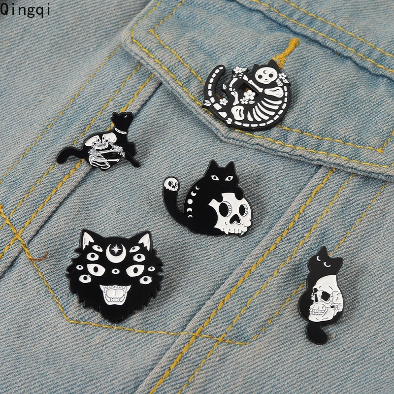 Bros Pin Enamel Desain Kartun Kucing Hitam Gaya Punk Untuk Anak