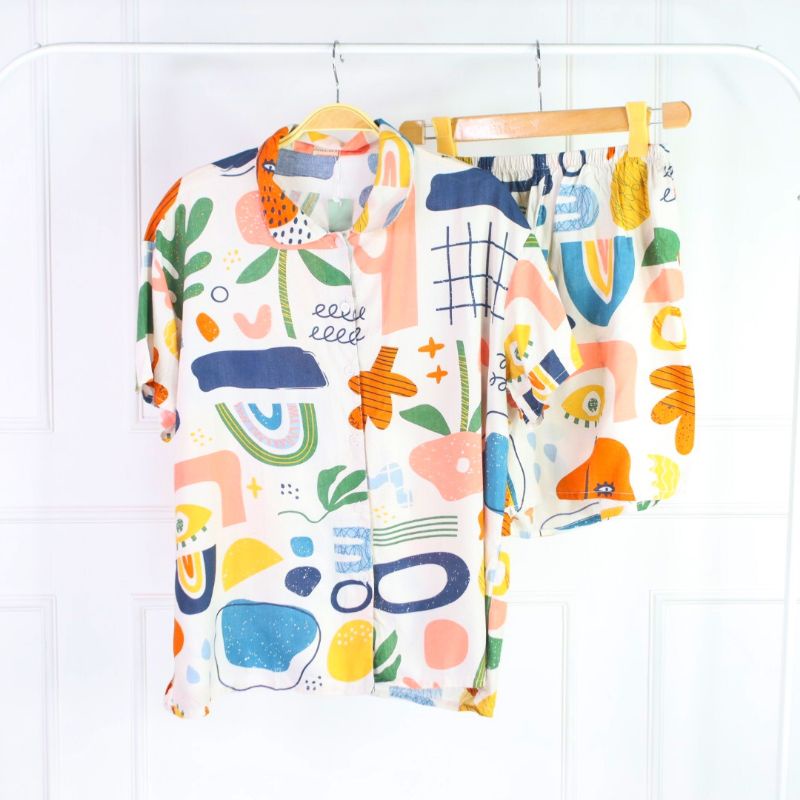 DYSEE - ( YUMI MOTIF ONESET ) Piyama lengan pendek dengan celana pendek Bahan Cotton Rayoon