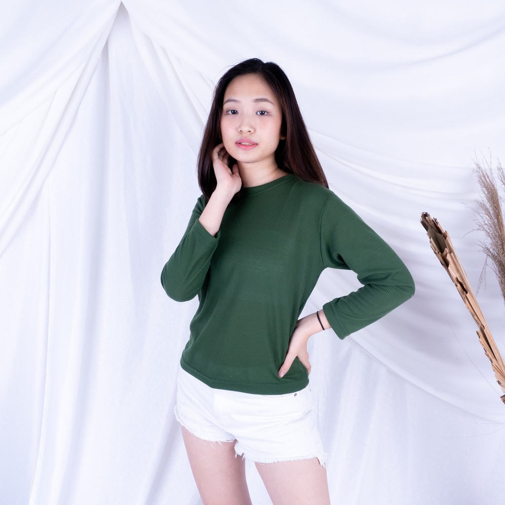 Kally RIB  - Longsleeve Rib Basic Sweater Premium Baju Lengan Panjang Wanita-HIJAU BOTOL