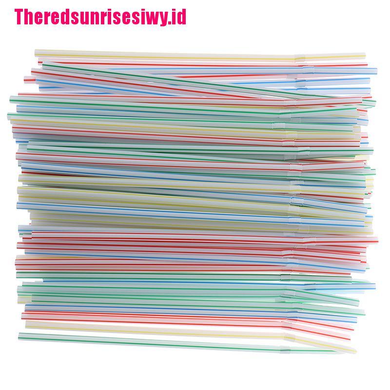 100pcs Sedotan Plastik Flexible Sekali Pakai Motif Garis Warna Pelangi