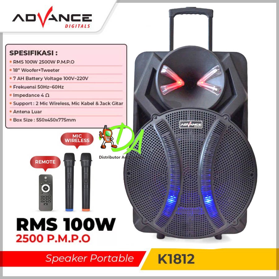 Speaker Advance K1812 speaker 100W 18 inci Meeting Bluetooth Portable Plus 2 Mic Wireless Karaoke pe