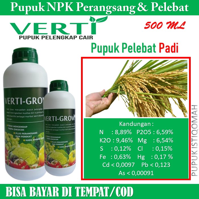 VERTI GROW Obat Pelebat Padi - Pupuk Penyubur Padi - Pupuk NPK Cair VERTI GROW 500 ML Merangsang Aka