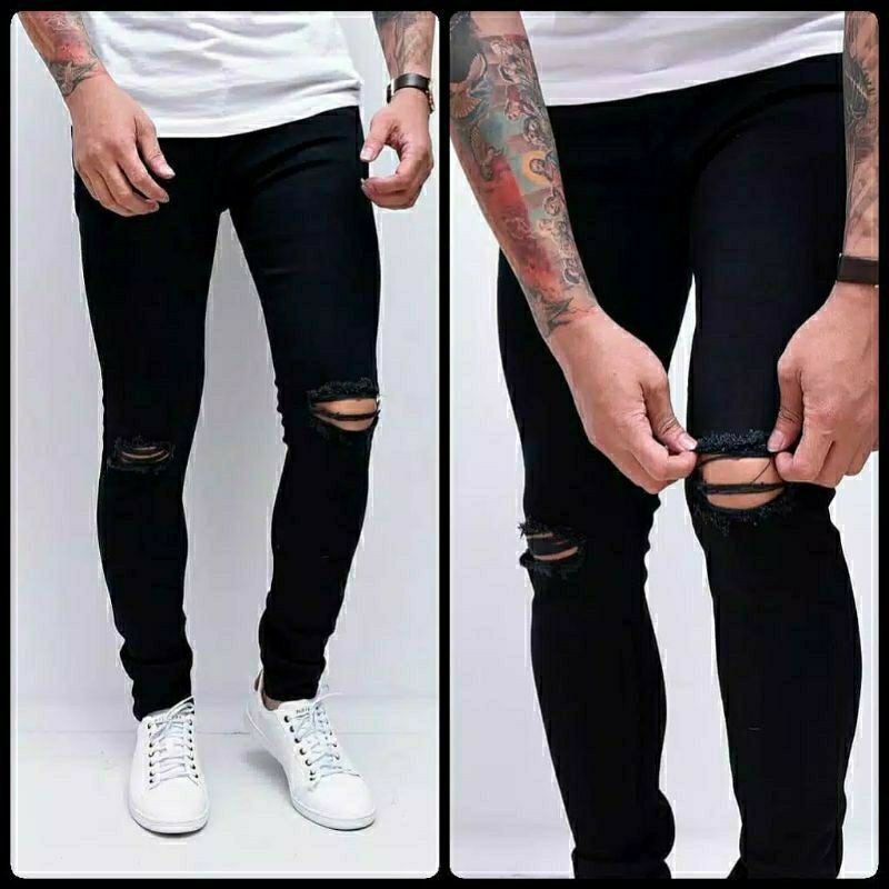 Celana jeans pria riped sobek lutut warna hitam pekat sofjins hitam riped sobek lutut bahan melar snow wash snowblack terlaris