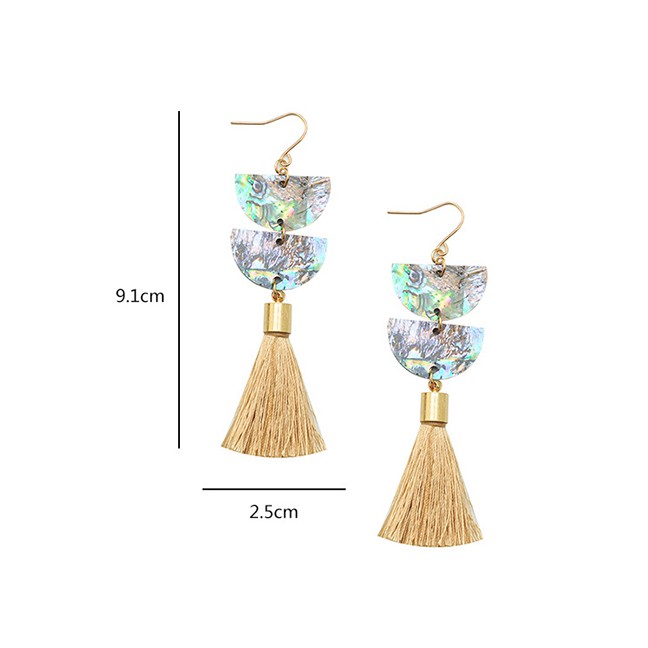 LRC Anting Tusuk Fashion Khaki Geometric Semicircular Tassel Abalone Shell Earrings K26996