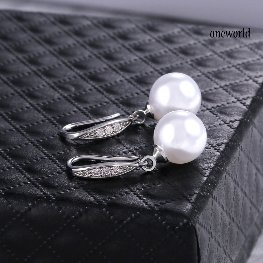 OW# Elegant Women Rhinestone Inlaid Faux Pearl Dangle Hook Earrings Jewelry Gift