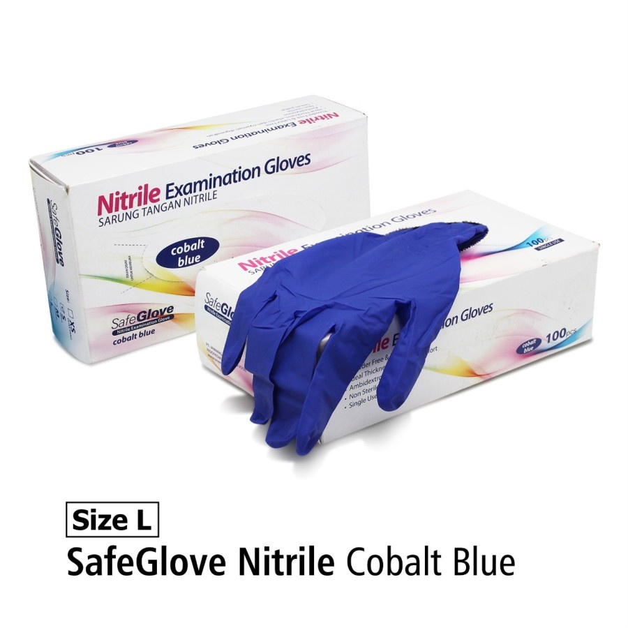 SARUNG TANGAN NITRILE COBALT BLUE SAFEGLOVE HANDSCOON NITRILE TANPA BEDAK BOX 100 PCS XS/S/M/L