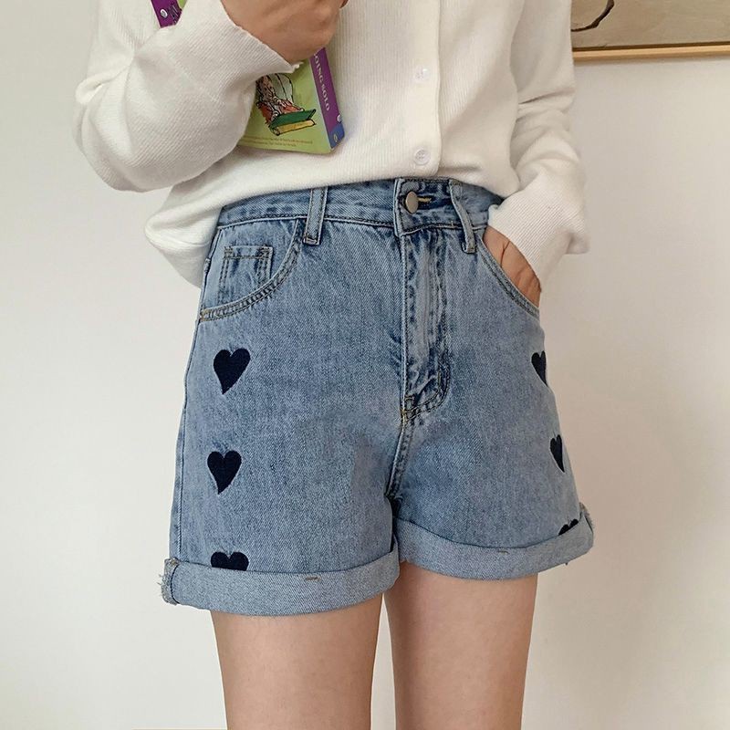 MAGCUN- Short Pants High waist Hot Pants Celana Pendek Jeans Wanita Korea Style Motif Bordir Love