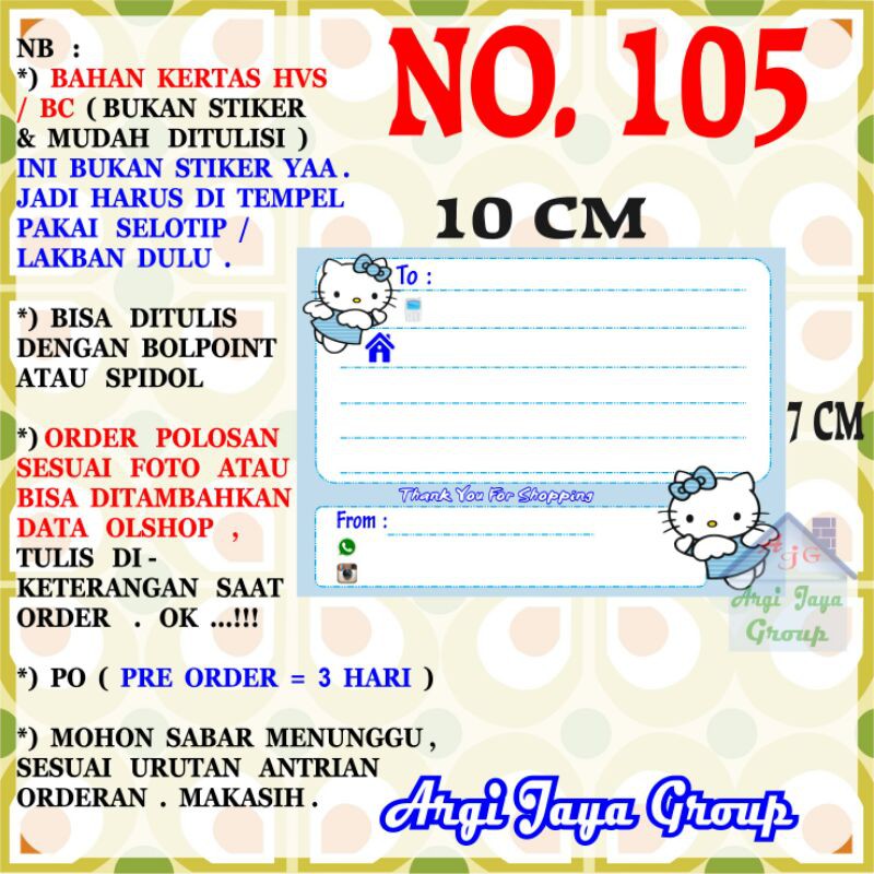 

Label Pengiriman Alamat Olshop Murah Nomer 105 - 10x7cm - Kertas BC (Manila)