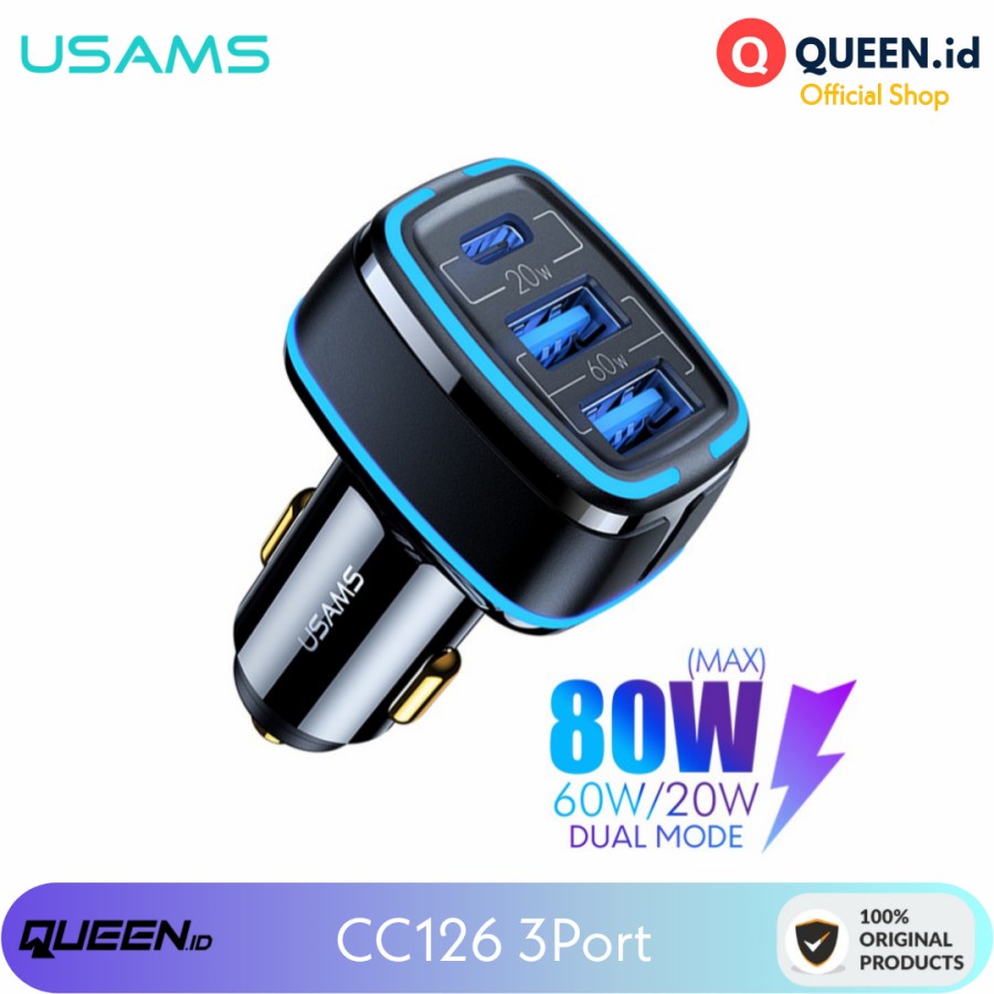 Jual USAMS Car Charger Mobil 80W 3 PORT Fast Charging QC PD USB + C
