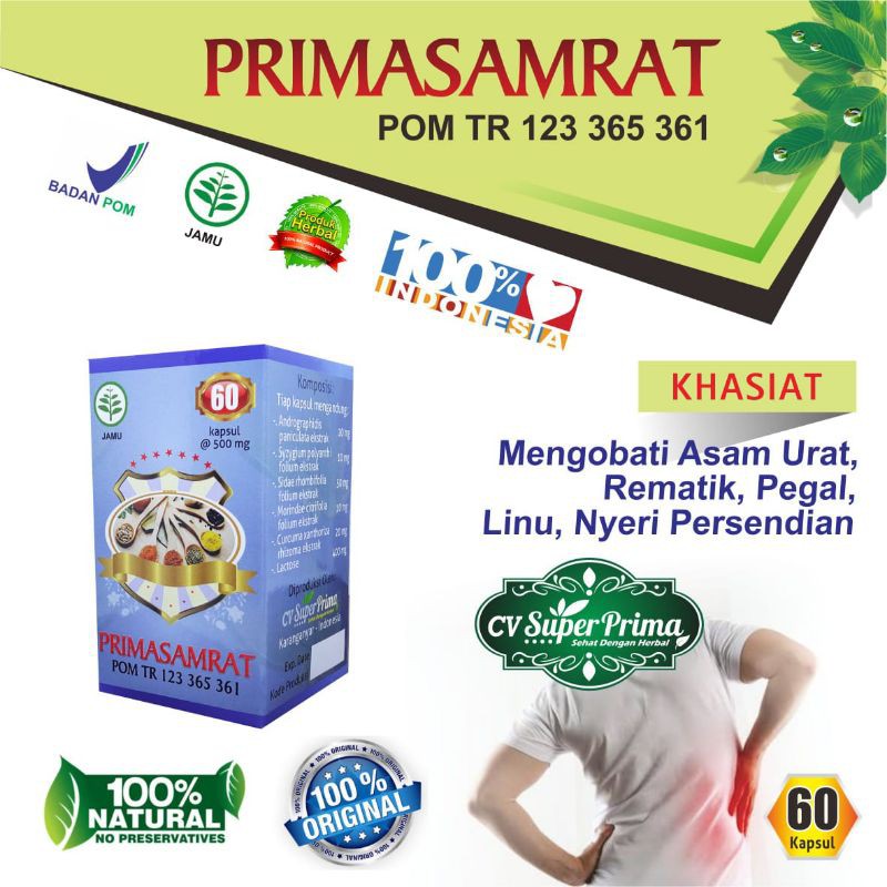 

PrimaSamrat 60 Kapsul - Asam Urat. Rematik. Encok. Pegal Linu. Sakit Pinggang. Stamina. Imunitas