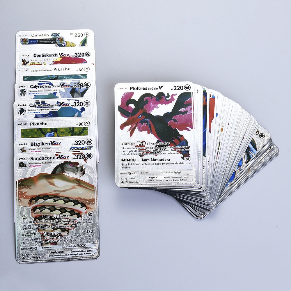 54pcs / 27Pcs Kartu Pokemon Versi Bahasa Inggris Bahan Metal Warna Emas / Silver Untuk Koleksi