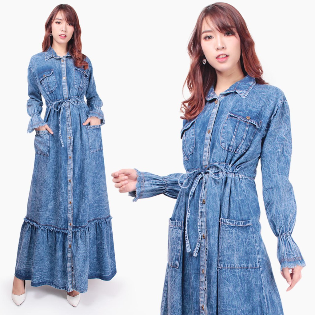 SB Collection Dress Maxi Anira Kerah Longdress Jeans Casual Wanita