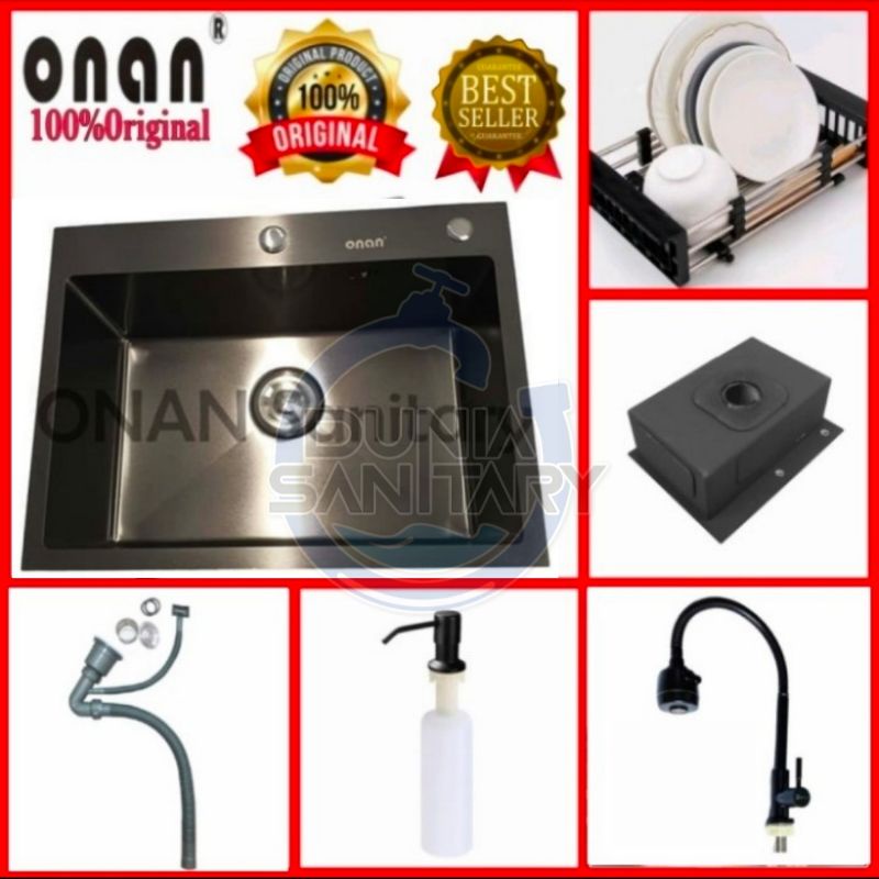 paket Bak cuci piring ONAN Original 7050 Black Hitam kitchen Sink stainless sus 304 70x50