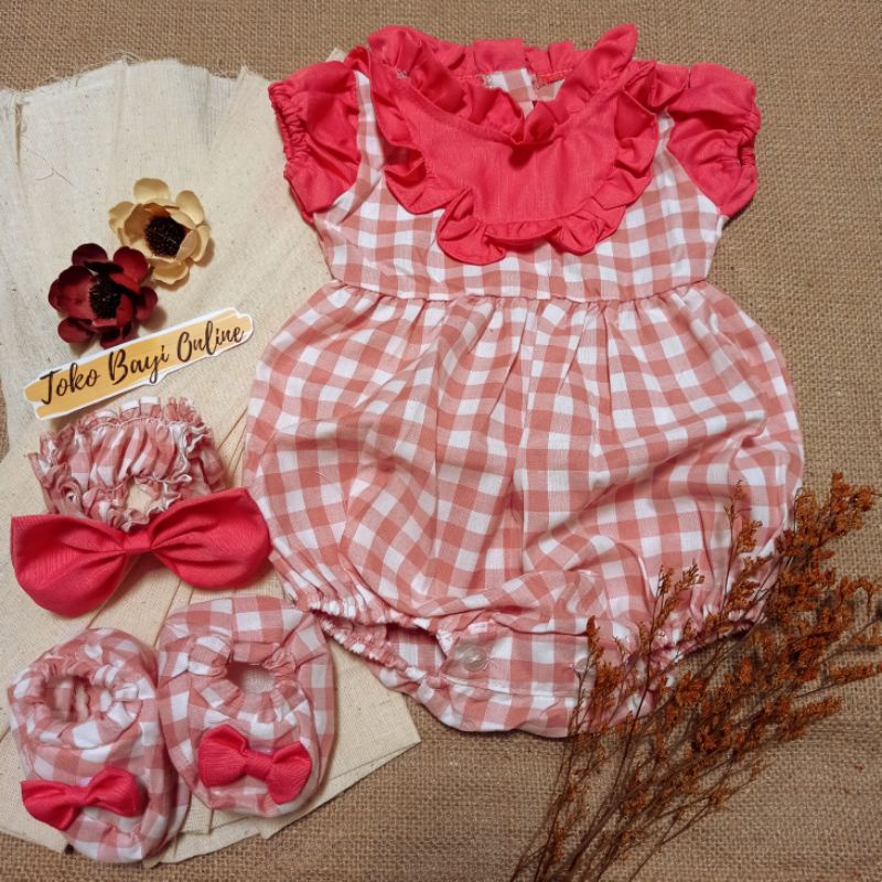 Baju jumper 0 6 bulan bando lucu bestseller anak bayi cewek perempuan murah-Kotak peach