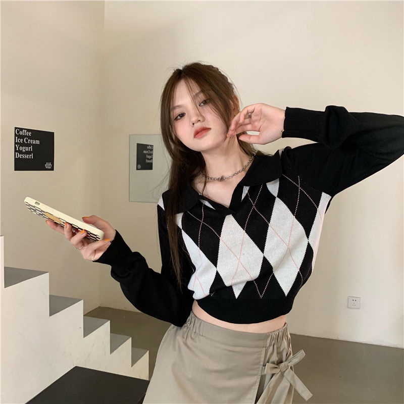 Atasan Crop Top Korea Rajut Wanita Lengan Panjang Sweater Wanita Kotak Kotak  gardigan wanita