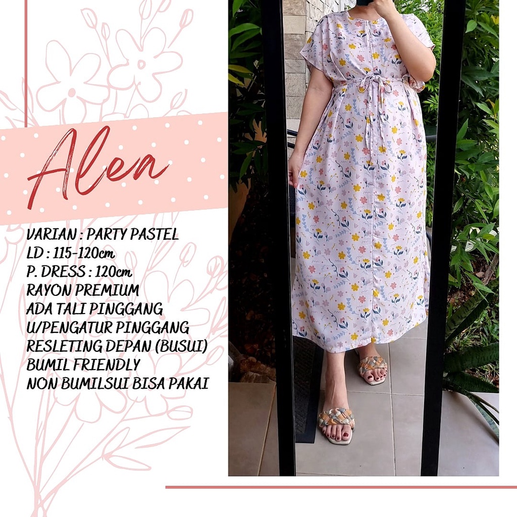 produk 2 Alea 120cm daster rayon jumbo bumil busui friendly adem resleting depan semata kaki-Party pastel