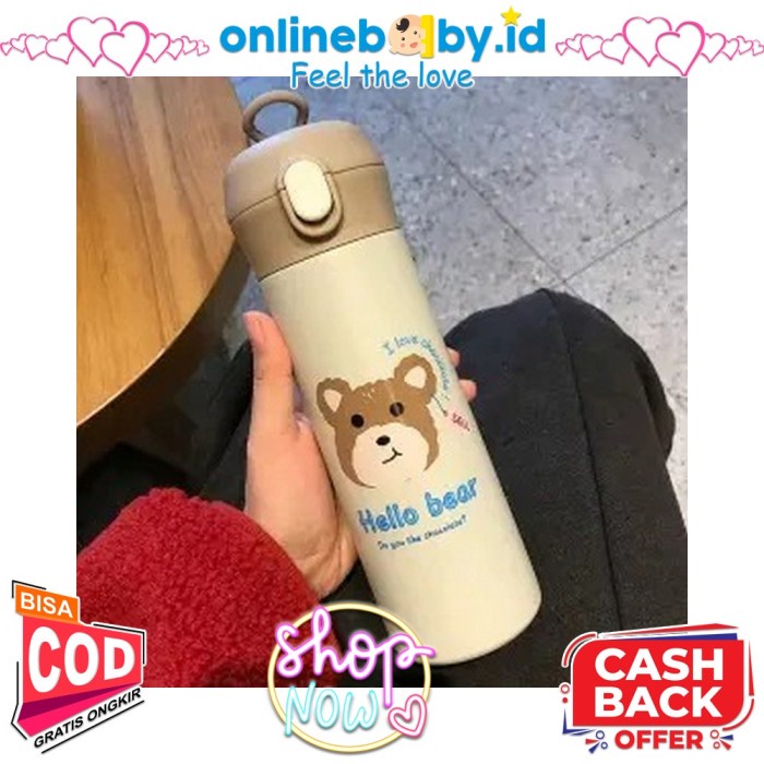 Botol Minum Termos Mini Vacuum Bottle 500ml Tumblr Hot Cool Botol Minum Travel - Khaki Bear(C0Z6) Tu