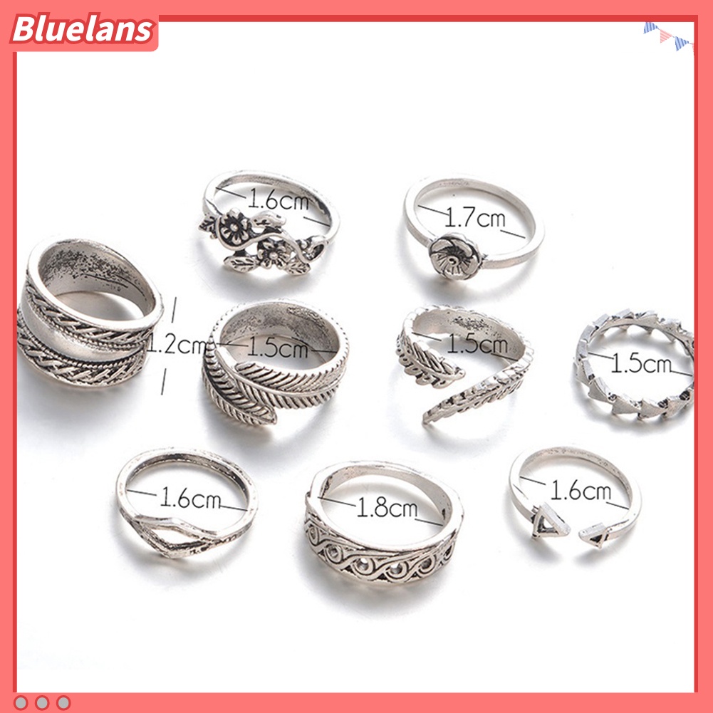 Bluelans 9 Pcs Vintage Women Hollow Carving Flower Leaves Open Band Knuckle Ring Set