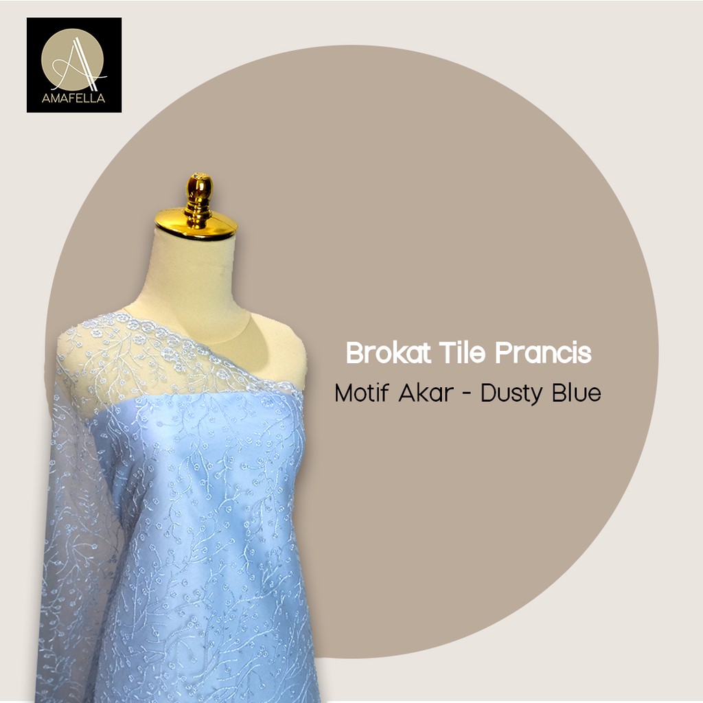 1/2 meter Kain Brokat Tile Prancis Bahan Kebaya Motif Akar Warna Dusty Blue / Baby Blue