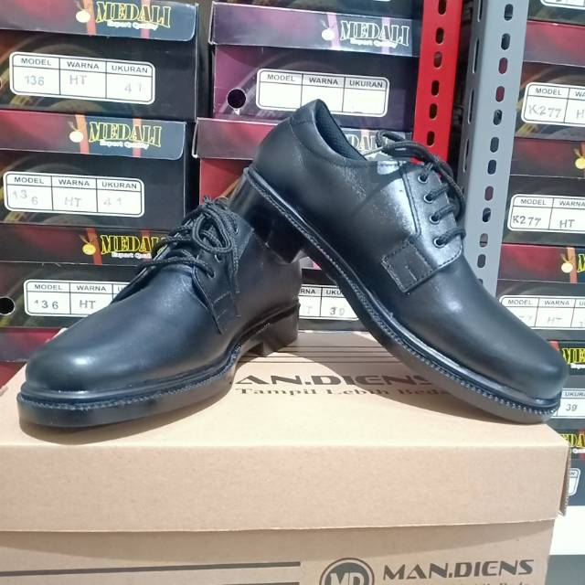 Mandiens - Sepatu Pantofel Kulit Asli Model Pdh Polri Polisi TNI Security Satpam Tali Hitam  untuk Dinas Harian Pantofel Cowok Formal Kerja Pesta Terbaru Kualitas Premium PDH PENDEK Dop