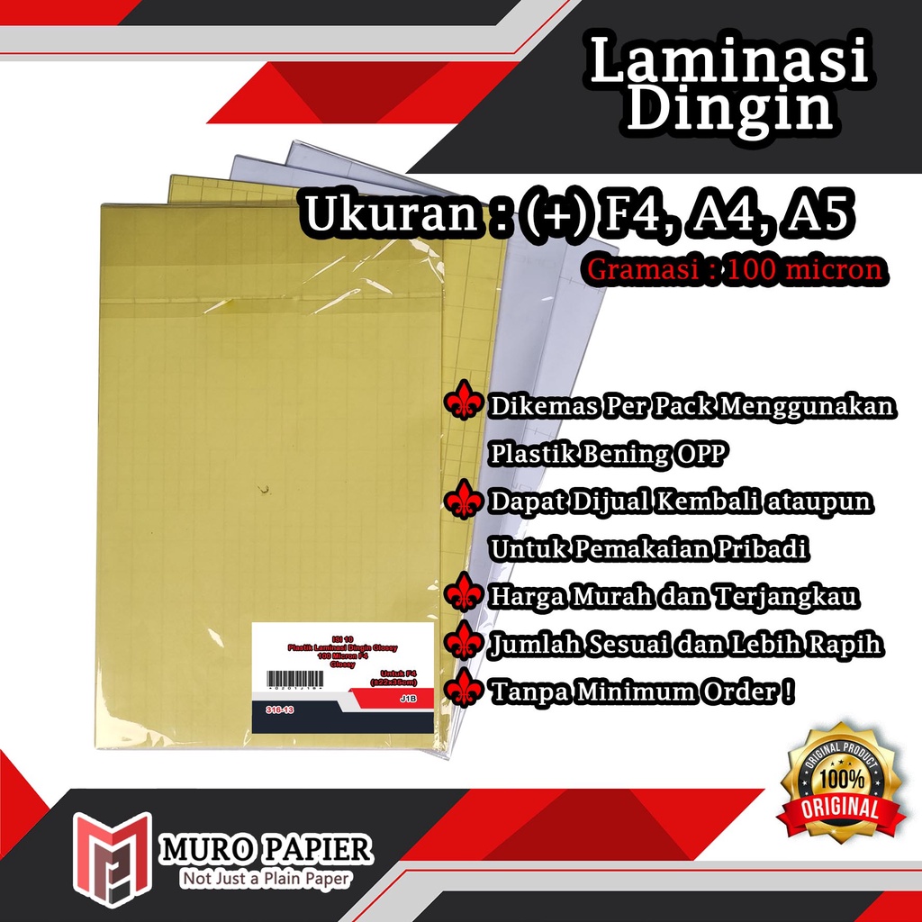 

( PER PAK - ISI 10 ) Laminasi Dingin Glossy dan Doff F4 A4 A5 - by Muro Papier