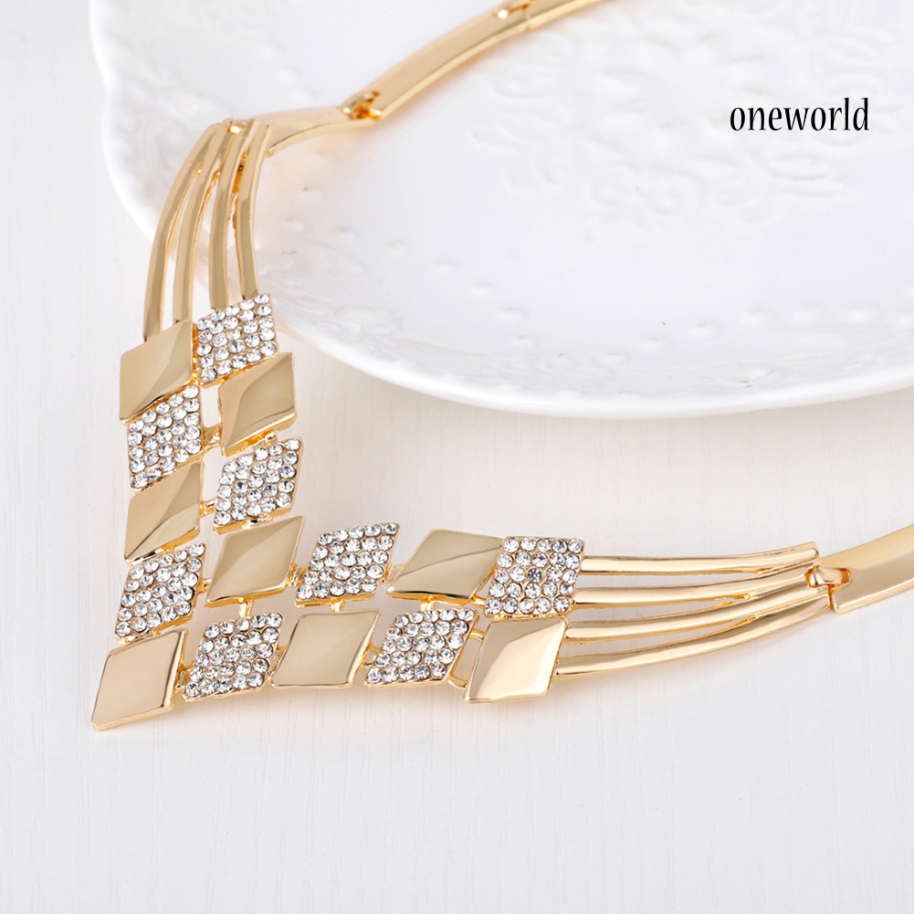 OW@ Women KC Gold Plated Rhombus Shape Necklace Earrings Rhinestones Jewelry Set