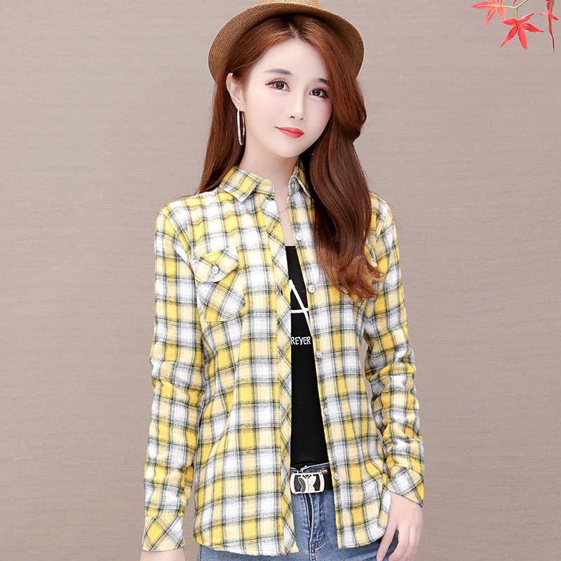 ] Kemeja kotak-kotak katun wanita lengan panjang bulu ...