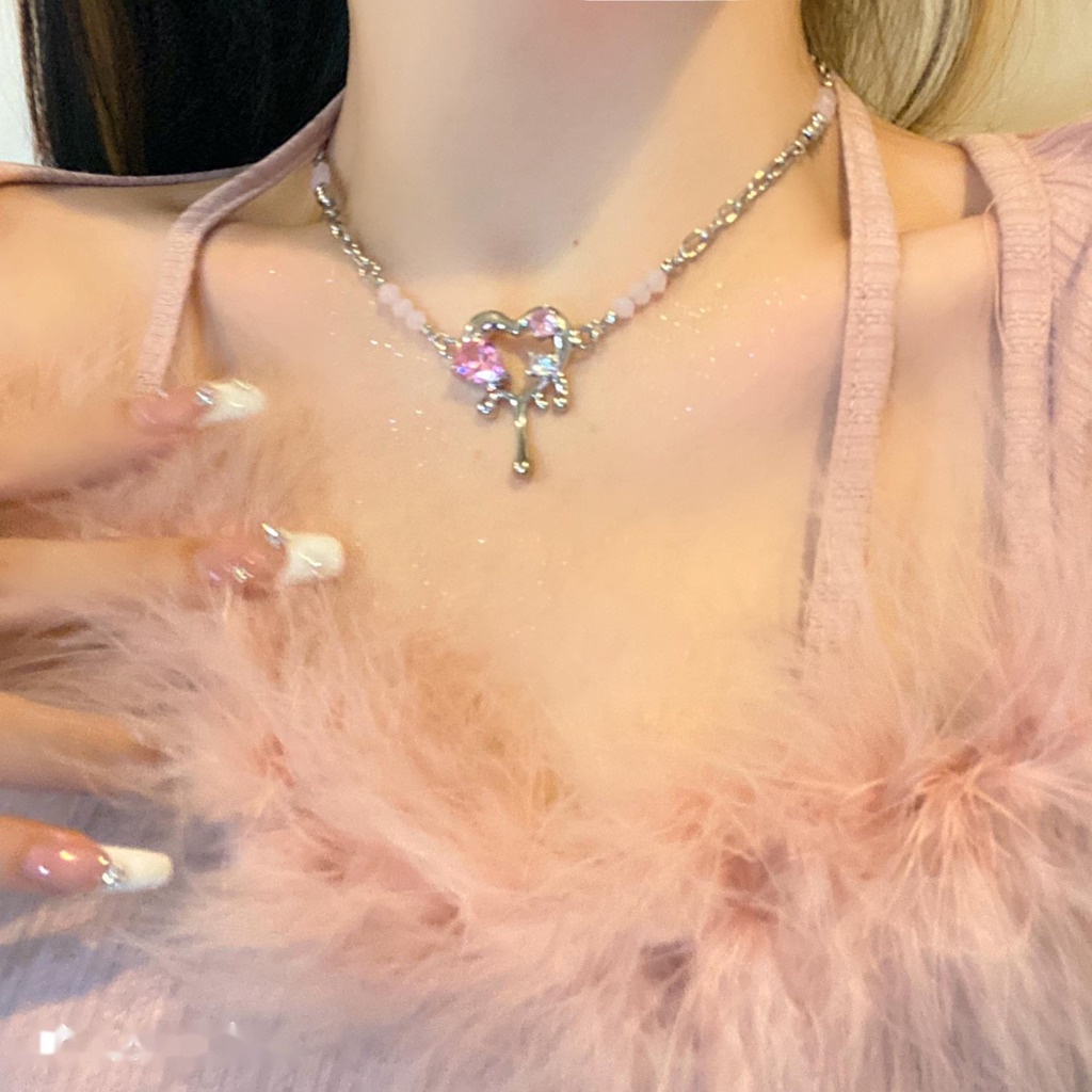 Kalung Rantai Liontin Hati Bahan Metal Hias Kristal Zircon Warna Pink Untuk Wanita