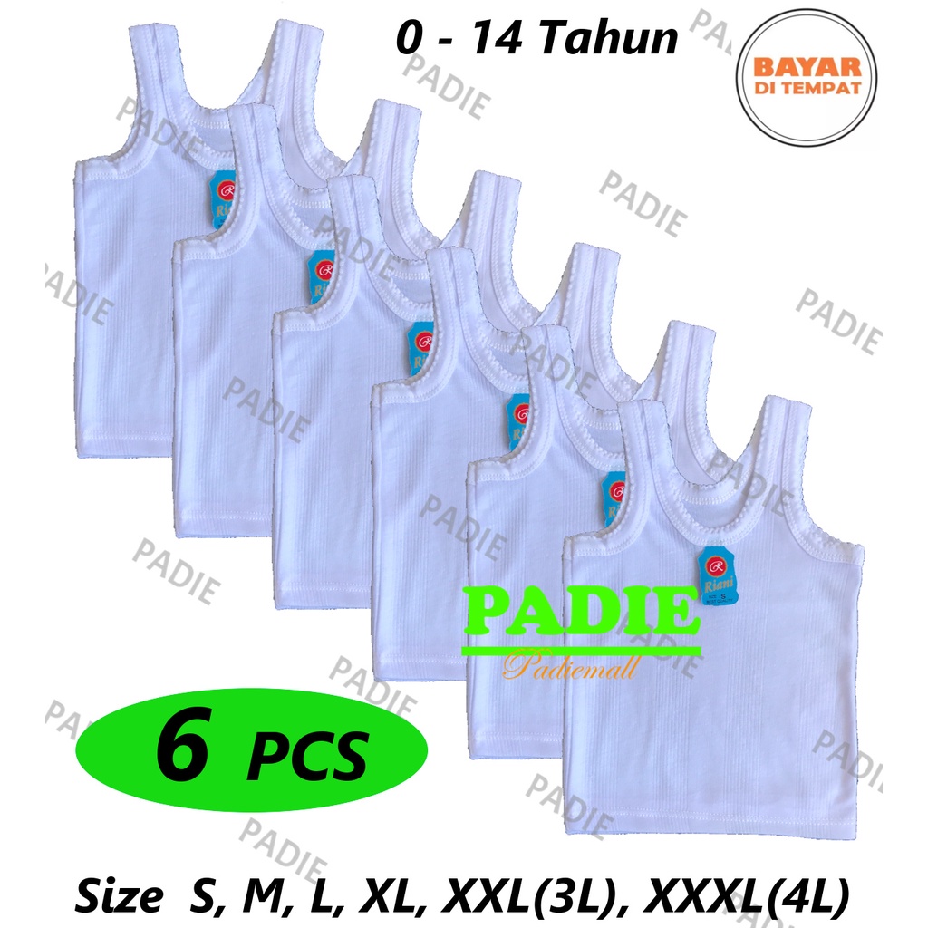 6 PCS Kaos Dalam/Singlet Anak / Pakaian Dalam Putih/Warna ORIN/RIANI usia 0 - 14 tahun Size S, M, L,