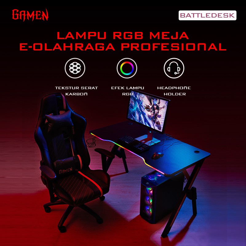 GAMEN Gaming Table BattleDesk Black RGB / Meja Komputer PC Laptop