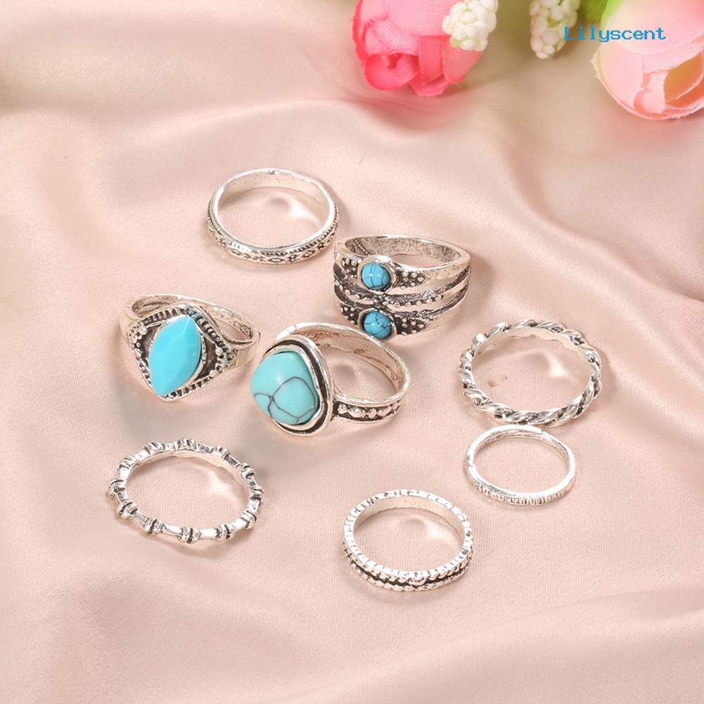 8pcs Cincin Jari Bentuk Lingkaran Aksen Turquoise Imitasi Gaya Retro Bohemian Untuk Wanita