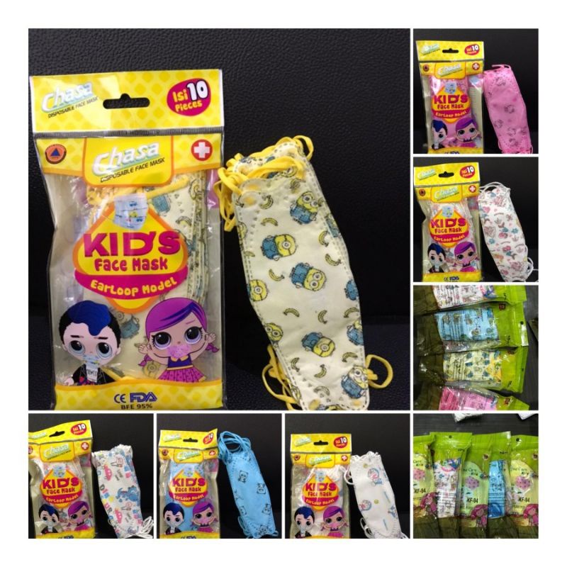 10PCS MASKER ANAK KF94 3D KOREA KPOP MOTIF KARAKTER UNISEX CHASA WARNA WARNI KARTUN