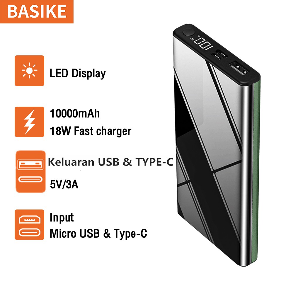 Powerbank Fast Charging QC 3.0 PD 22.5W 18W Mini Power Bank Murah Iphone 10000 mah LED murah Iphone 13 mini pro max 11 xr x 10 8 7 6 xiaomi Samsung Oppo Vivo hp murah Realme Redmi infinix Ipad Gadgets BASIKE-PT15P Hijau 18W