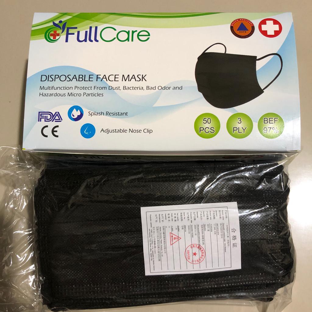 Masker hitam Full Care Disposable 3Ply Black Color ( Hitam ) 1Box Isi 50Pc