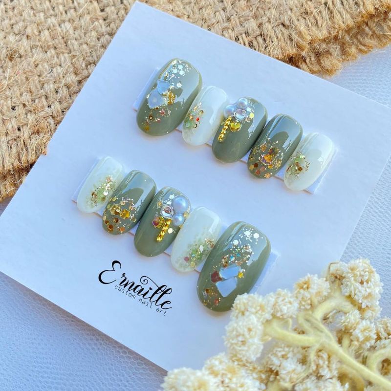 PREMIUM NAIL GEL SAGE GREEN| CUSTOM NAIL ART WEDDING