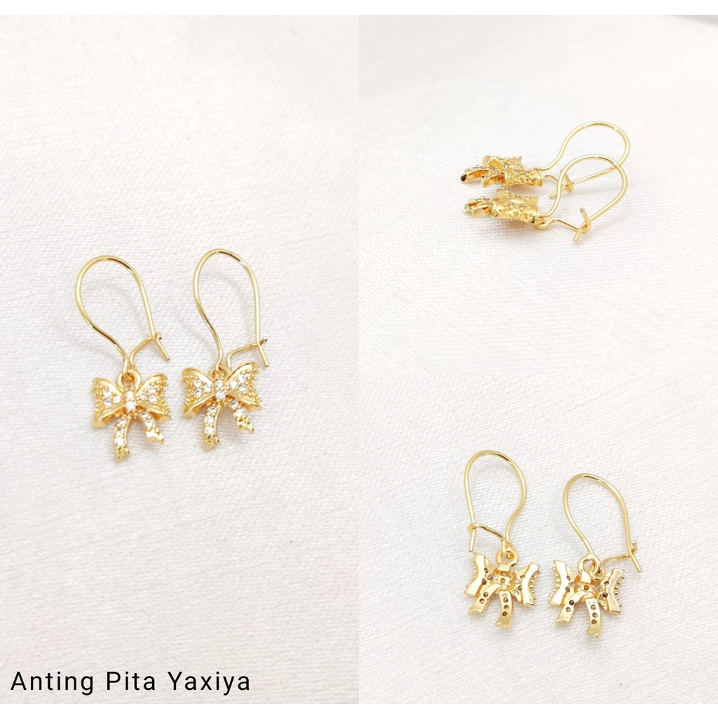 Anting Gantung Semi Berlian Pita Lapis Emas 999 Asli