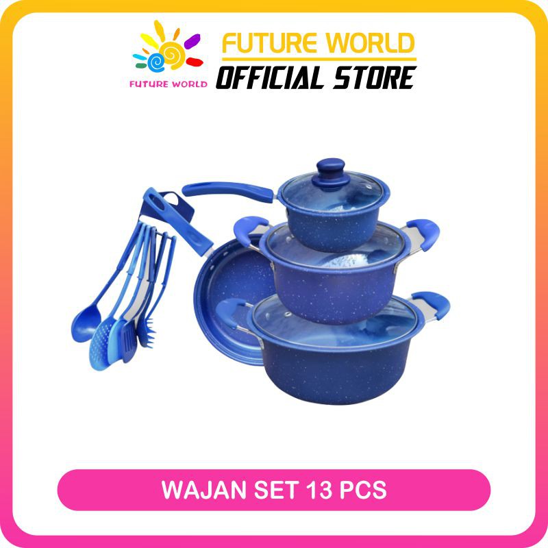Panci Set 13 Cookware Panci Penggorengan Tutup Kaca Tg 2 Merah Biru Tosca Murah