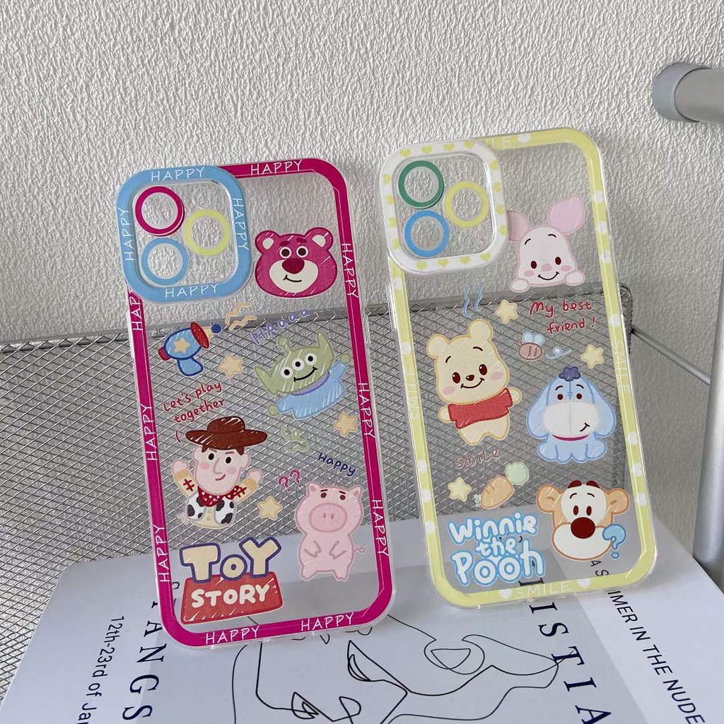 【Ready Stock】Lovely Winnie The Pooh Frame Clear Phone Case for iPhone 14 13 12 Pro Max 11 Pro SE 2020 XR XS MAX iPhone 7 Plus 8 Plus 6S Plus Dual Lens Protector Dual Frame Soft TPU Back Cover