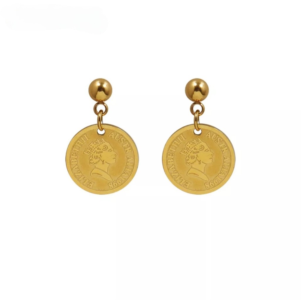 Anting Tusuk Titanium Vintage Queen Coin dan Pentol Tersedia Warna Rose Gold, Gold dan Silver