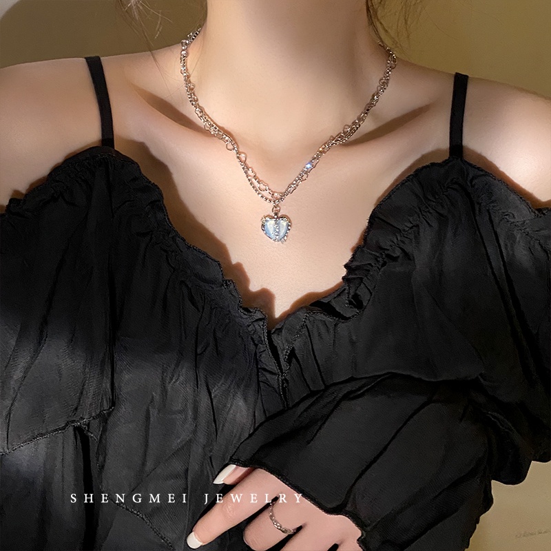 Kalung Rantai Choker Liontin Hati Zircon Double Layer Warna Silver Untuk Wanita