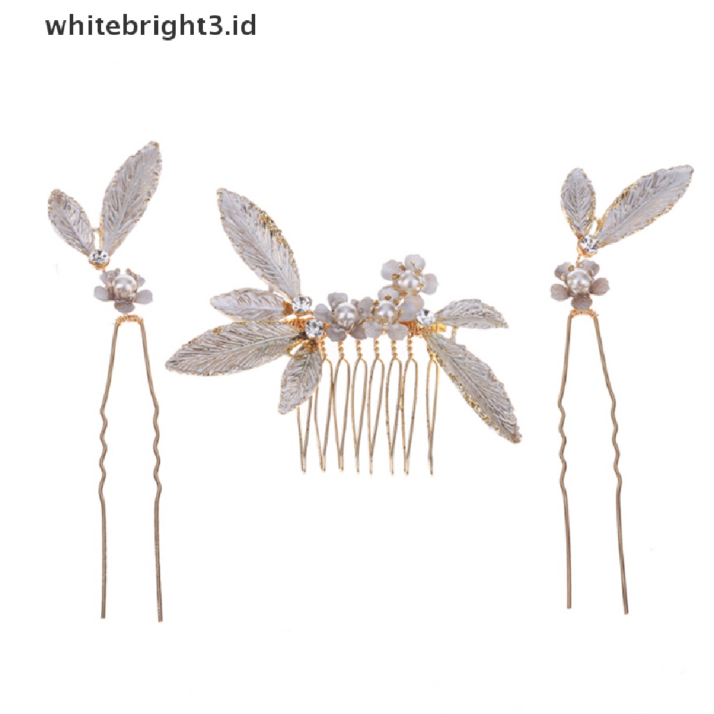 (whitebright3.id) 3pcs Jepit Rambut Bentuk Daun Dengan Mutiara Imitasi Untuk Pengantin Wanita