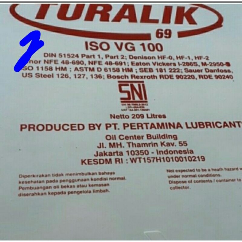 Oli Pertamina turalik 69 ISO VG-100 / HYDRAULIK 209L (Free ongkir)