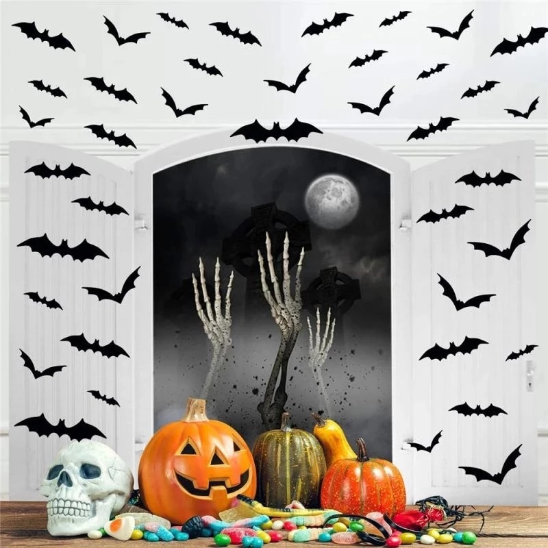 12pcs / set Stiker Dinding 3D Desain Kelelawar Hollow Warna Hitam Untuk Dekorasi Halloween