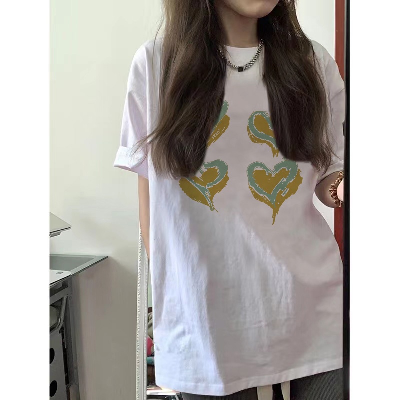 EUNII T-shirt  Lengan Pendek Coretan Hati Manis Longgar Korean Style/Kaos Atasan Wanita/Baju Kaus Oversize Wanita