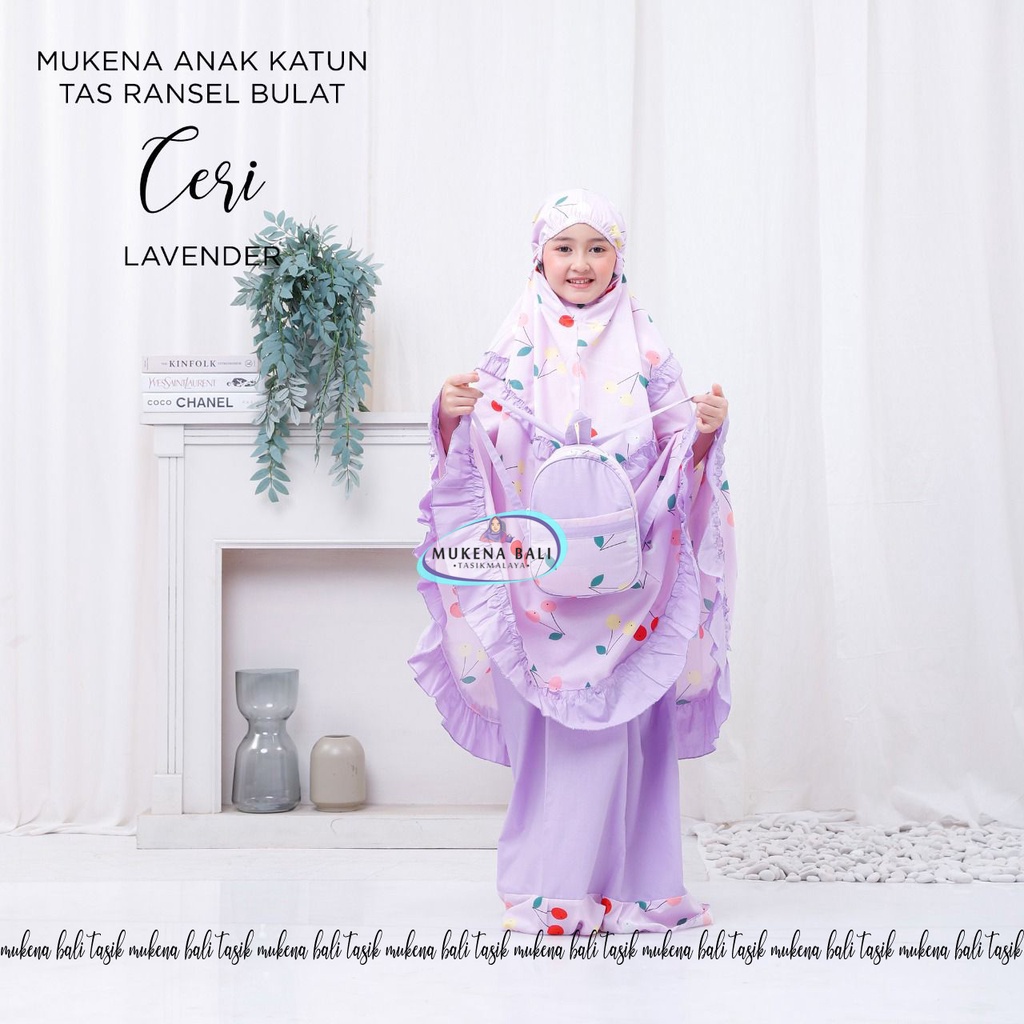 MUKENA BALIK TASIK - MUKENA ANAK KATUN TAS RANSEL BULAT MOTIF CERI LAVENDER