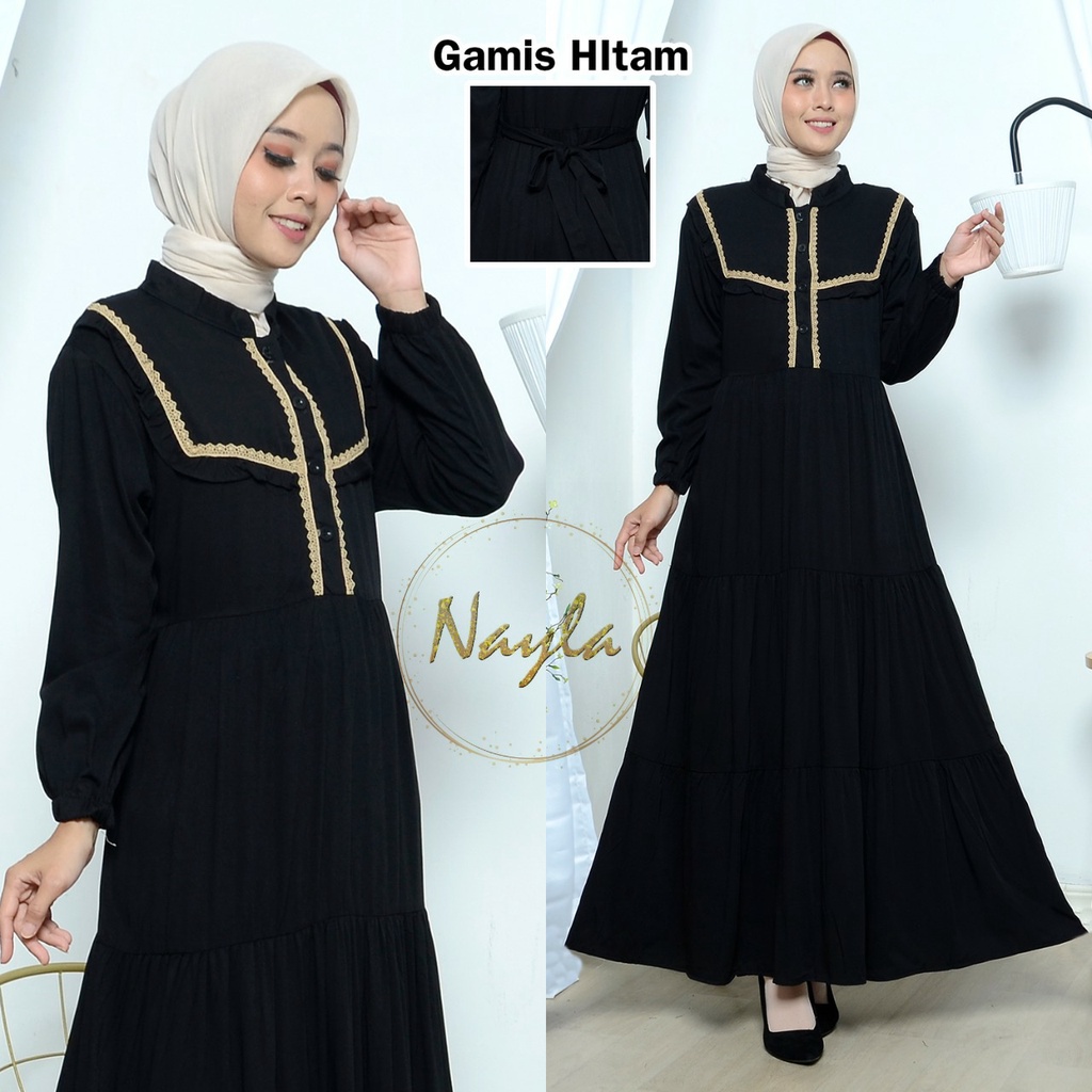 NAYLA Baju Gamis Hitam Wanita Brukat Baju Lebaran Umroh Haji Busana Muslim Wanita  Terbaru 108