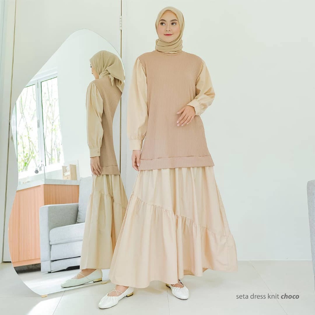 Seta Dress Knit Set Bahan Knit Mix Katun Gamis Wanita Kekinian Terbaru 2022 Lebaran Gamis Modern Sim